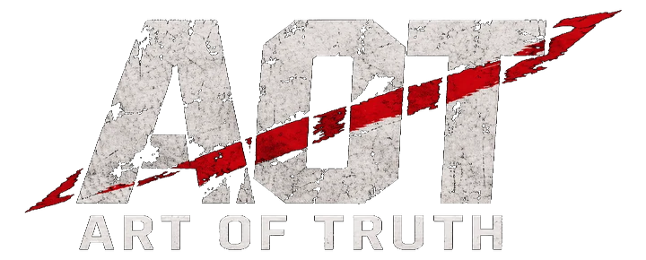Art of Truth logo: distressed ACT letters cut by a red slash