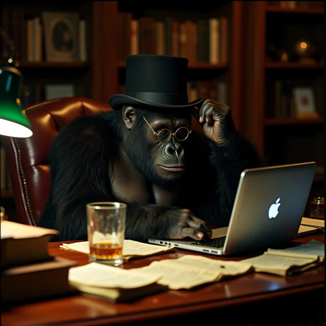 A gorilla wearing a top hat and round gold glasses, scratching its head while staring at a laptop in a dimly lit study