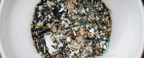 Microscopic view of microplastics health risks - tiny plastic particles contaminating water and food sources