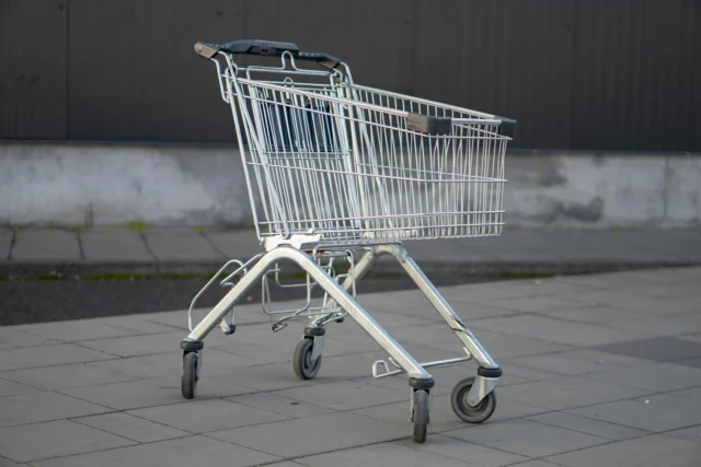 An empty grocery cart in a supermarket aisle, symbolizing the cost-of-living crisis that dominated the 2024 election
