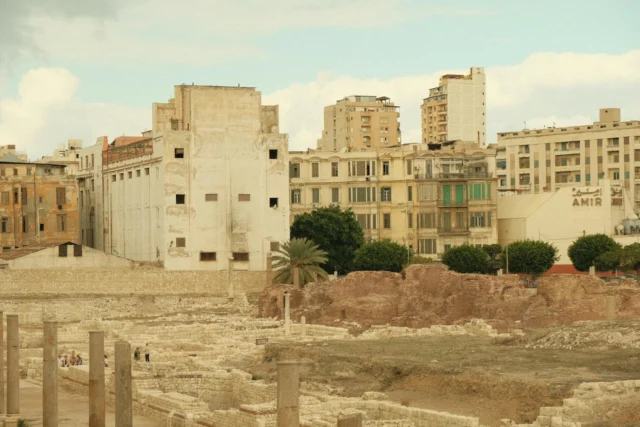 Ancient ruins evoking the Library Alexandria destruction over centuries