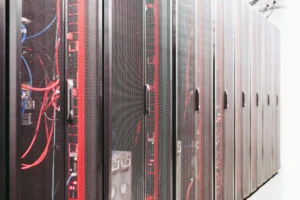 Rows of GPU servers in a modern data center
