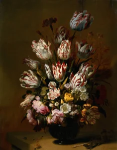 Pintura histórica que representa el mito de la tulipomanía y el comercio de flores en el Siglo de Oro holandés