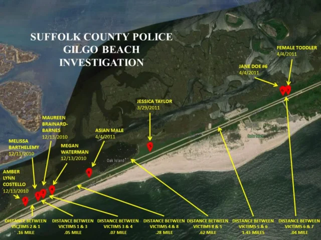 Mapa de investigación del asesino de Gilgo Beach — lugares de hallazgo de víctimas en Ocean Parkway