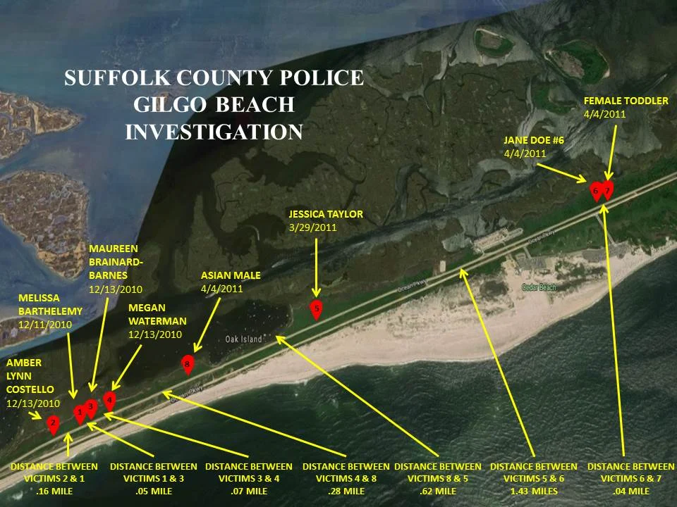 Gilgo Beach killer investigation map — body discovery sites along Ocean Parkway, Suffolk County
