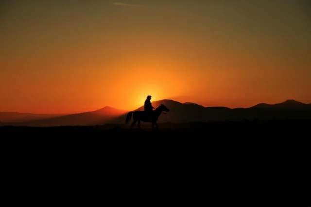Silhouette against sunset sky representing Western genre revival imagery
