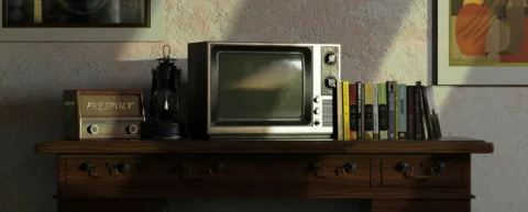 Family watching a multi-camera sitcom on vintage television in 1950s living room