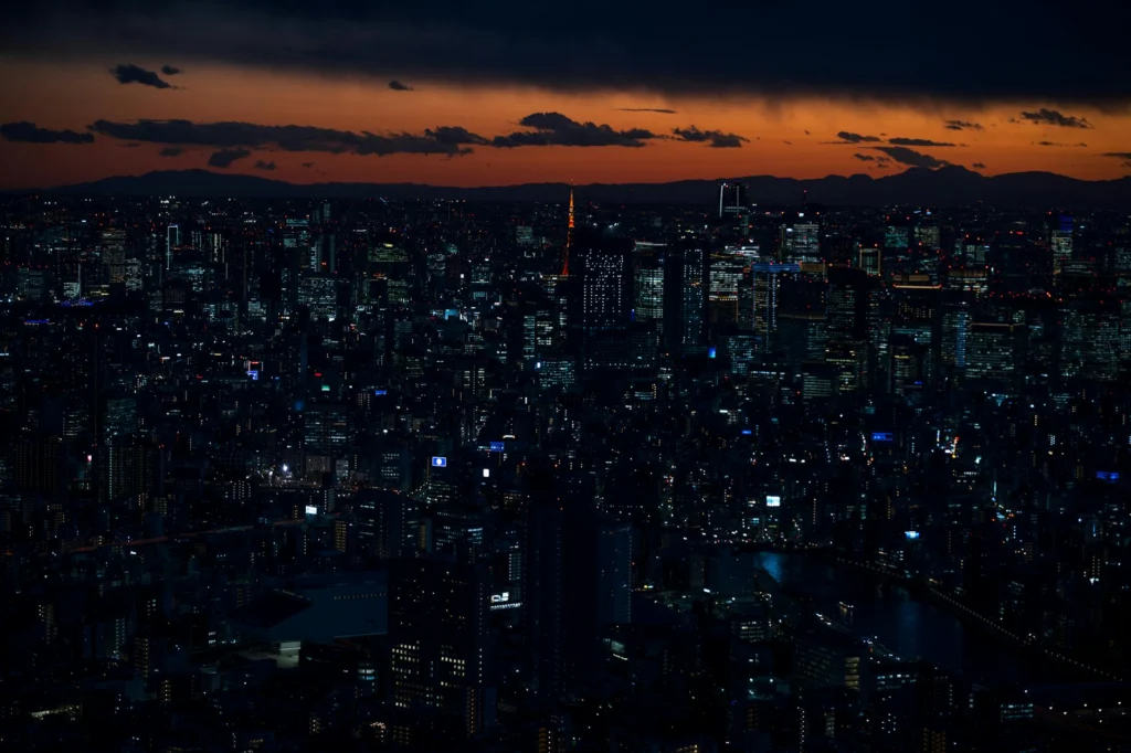 Dramatic Tokyo cityscape evoking Japanese monster movies