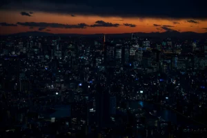 Dramatic Tokyo cityscape evoking Japanese monster movies