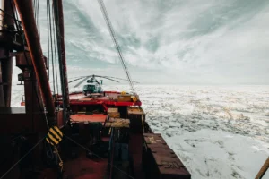 Aerial view of Arctic shipping routes through melting sea ice