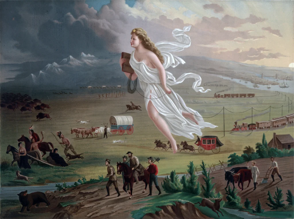 American Progress painting depicting the manifest destiny concept with Columbia leading settlers westward
