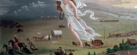 American Progress painting depicting the manifest destiny concept with Columbia leading settlers westward