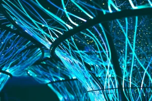 Illustration of brain language processing with glowing neural networks