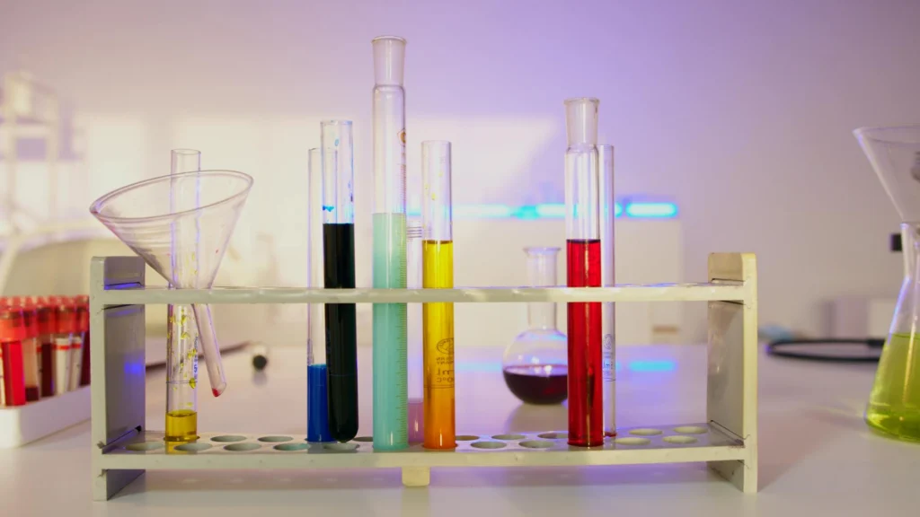 Laboratory beakers showing pH chemical reactions with colorful indicator solutions