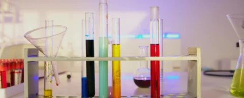 Laboratory beakers showing pH chemical reactions with colorful indicator solutions