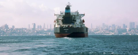 Container ships transiting the Strait of Malacca maritime chokepoint