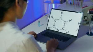 Complex molecular structure illustrating assembly theory and biological complexity