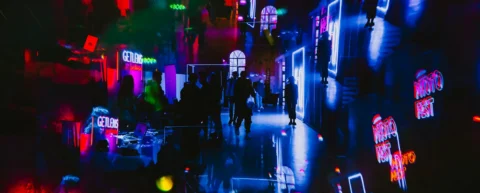 Massive festival crowd illuminated by neon lights, illustrating the scale of the festival-industrial complex