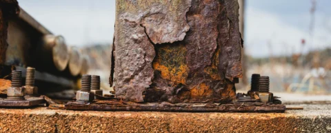 Close-up of metal corrosion chemistry showing iron oxide rust formation on steel surface