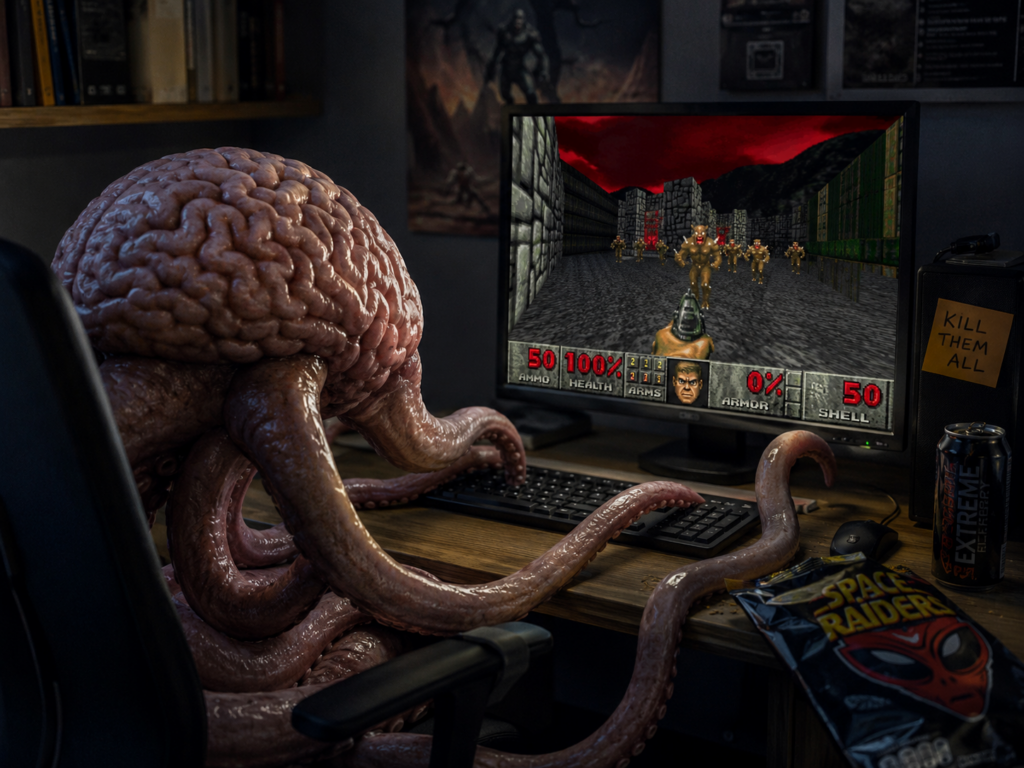 Brain with tentacles at a desk playing Doom on a monitor, illustrating biological computing research