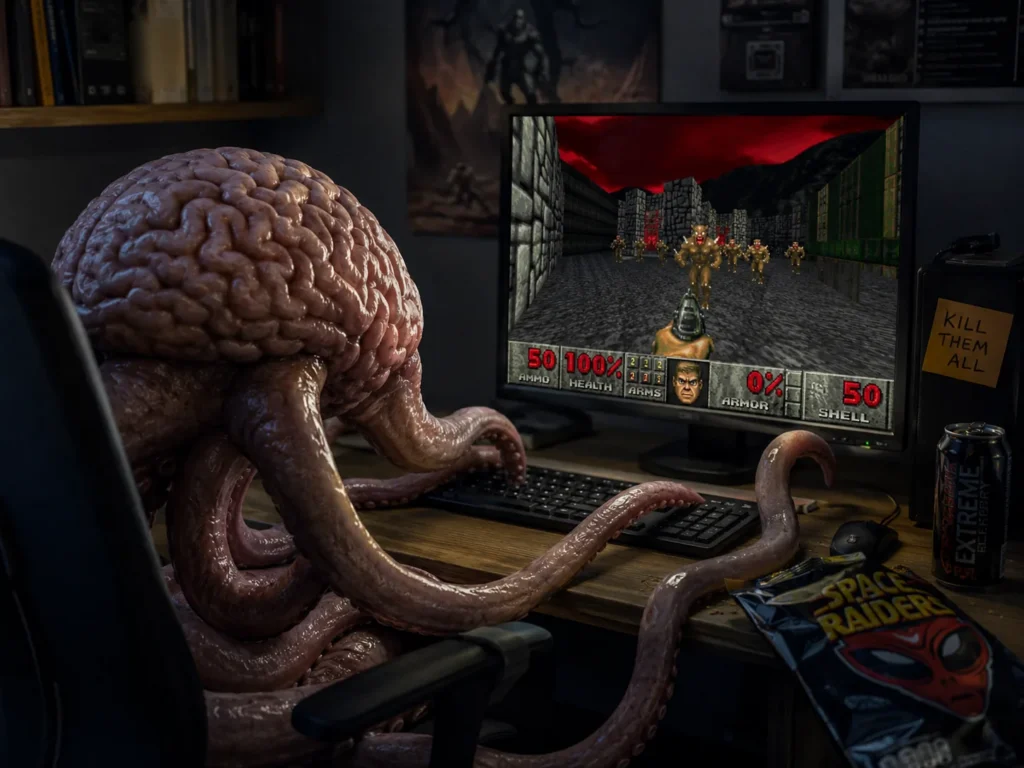 Brain with tentacles at a desk playing Doom on a monitor, illustrating biological computing research