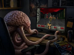 Brain with tentacles at a desk playing Doom on a monitor, illustrating biological computing research