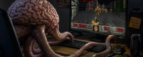 Brain with tentacles at a desk playing Doom on a monitor, illustrating biological computing research