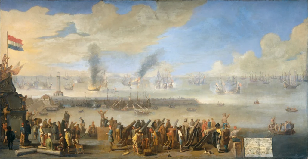 Naval battle painting depicting early trade war escalation between England and the Dutch Republic