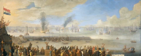 Naval battle painting depicting early trade war escalation between England and the Dutch Republic
