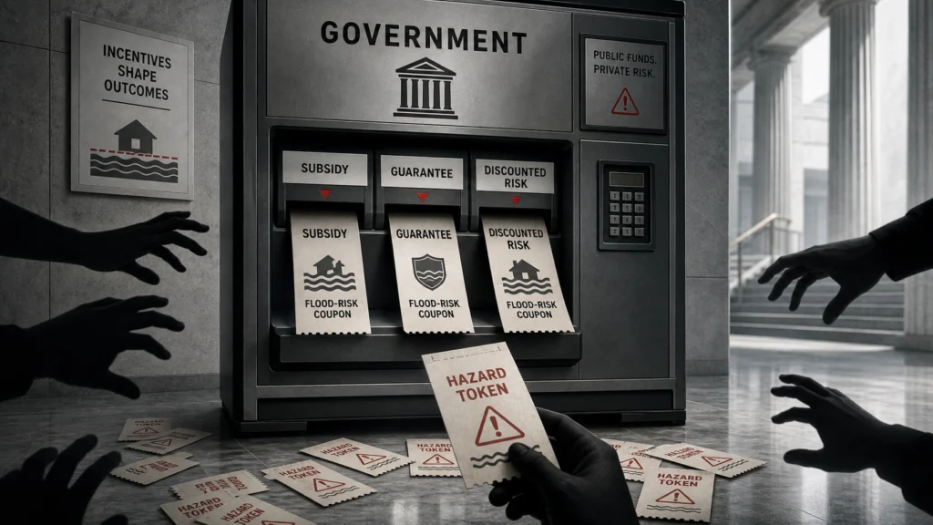 Symbolic illustration of perverse incentives in government policy rewarding risky behavior