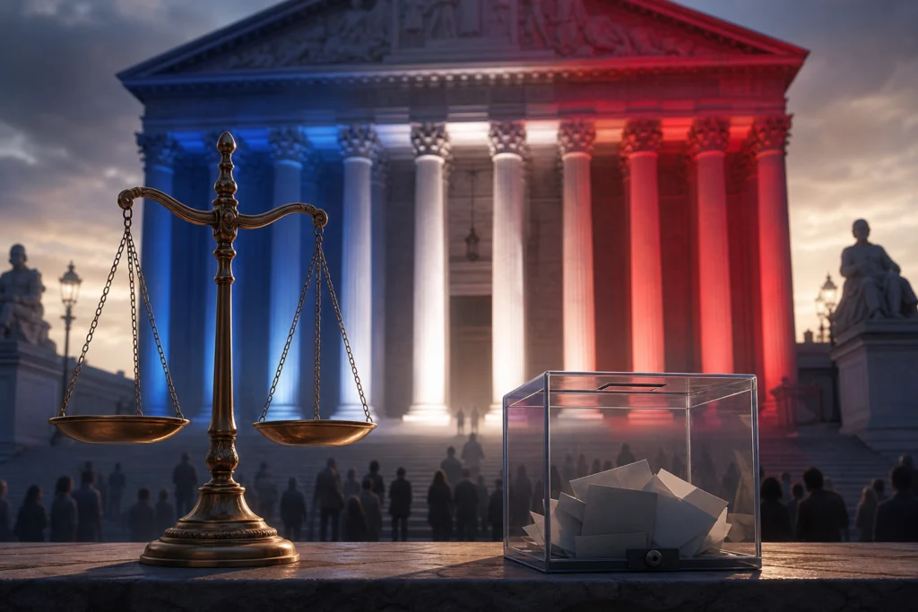 Illustration symbolique d’un palais de justice et d’une urne électorale pour le procès de Marine Le Pen et le débat sur la confiance des électeurs en France