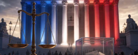 Symbolic courthouse and ballot box illustration for the Marine Le Pen trial and France voter trust debate